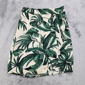 H&M Shirt Womens 2 Cream Green Tropical Print Faux Wrap Mini Stretch Casual